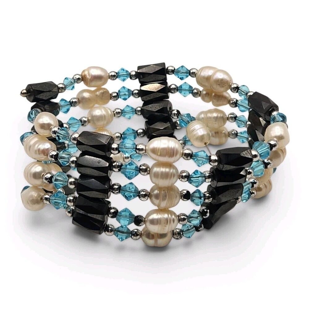 Women Gorgeous White Pearl Hematite Wrap Multi-Strand Bracelet Black Crystal Y
